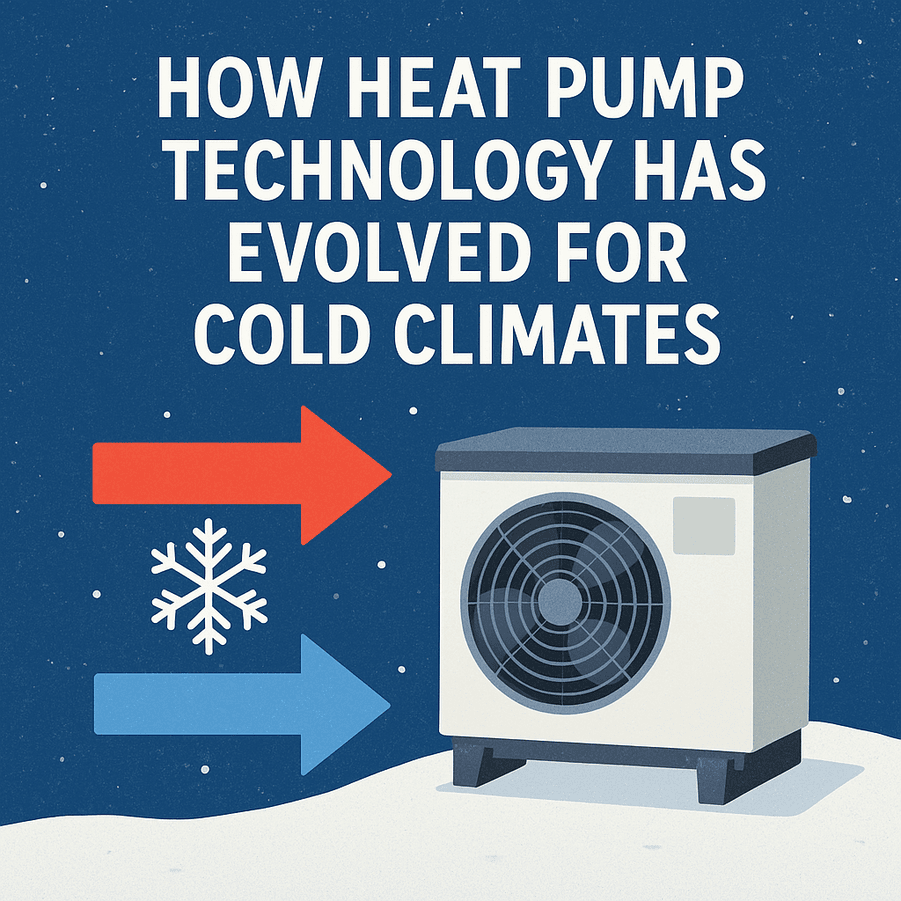 Illustration of modern heat pump system with arrows showing heating and cooling for cold climates