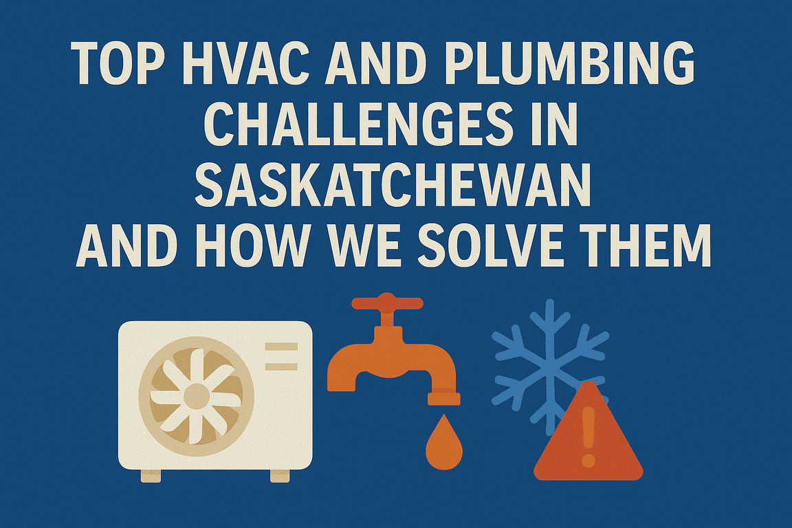 Illustration showing HVAC unit, dripping faucet, and snowflake with warning symbol representing heating and plumbing issues in Saskatchewan