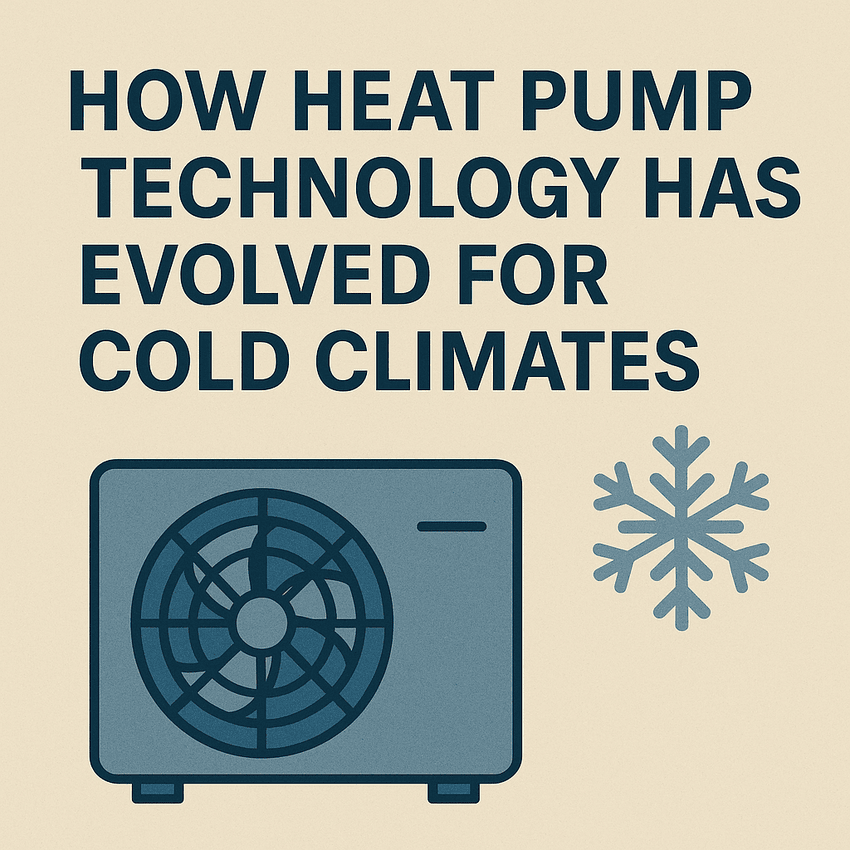 Infographic showing modern heat pump technology designed for cold climate efficiency with snowflake symbol
