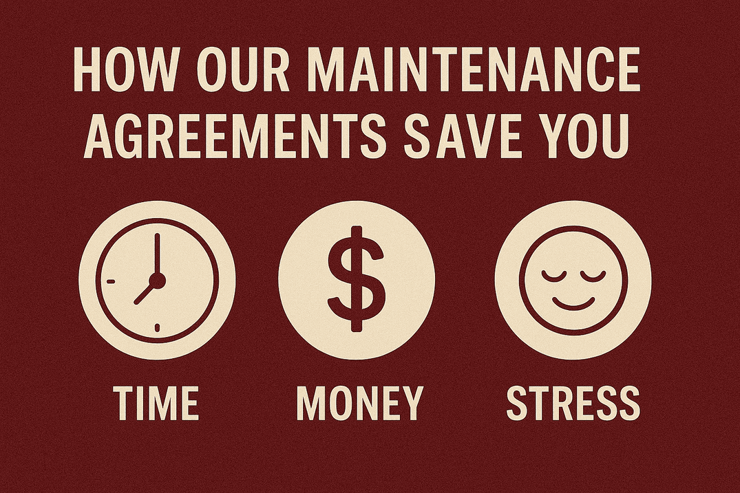 Infographic with icons of clock, dollar sign, and smiling face representing time, money, and stress savings through maintenance agreements